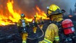 © SnapNest - Wildfires burning restoration concept. A group of firefighters battles a raging wildfire, wearing protective gear and working together to control the flames.