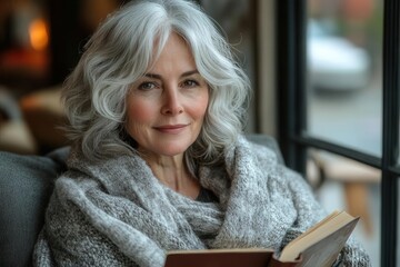 Wall Mural - cheerful senior woman with silver hair relaxing on modern gray sofa, reading book and enjoying natural light through large window at home