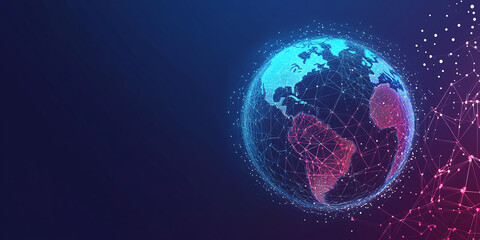 Blue and pink digital globe surrounded by a web of connecting lines, symbolizing data exchange, global communication, and internet networks.