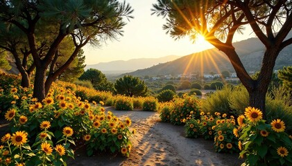 A Mediterranean scrub landscape with golden light and sunflowers growing amidst the trees, garden, Mediterranean scrub