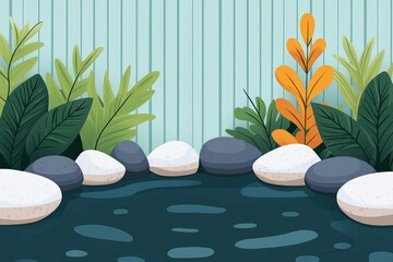 Wall Mural - A serene garden scene featuring smooth stones, vibrant green leaves, and a calming water surface, perfect for relaxation and tranquility.