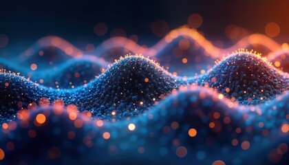 Poster - Abstract digital wave pattern. Particle flow shows smooth curves, energetic motion. Dark blue, orange colors create dynamic futuristic look. AI generative art. Visualisation of data flow. Modern tech