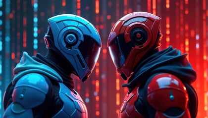 Poster - Two futuristic figures face. Cybernetically enhanced figures in blue, red armor confront in digital space. Intense digital glow surrounds in battle for cyberspace. Network security at stake. Cyberwar