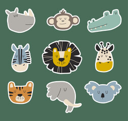  Cute safari animal faces set of stickers with outlining. Hand drawn children's illustrations with animals.