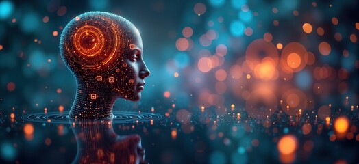 Leinwandbilder - Abstract futuristic illustration of artificial intelligence. AI head displays automated data. Concept of tech innovation. Deep learning, neural networks visualized. Cybernetics, computing.