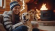 © QuietWord - woman sitting with a cute dog on sofa with a fire flickering in fireplace of cabin house