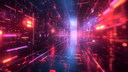 vibrant cyber network graphic of interconnected digital elements in glowing layout
