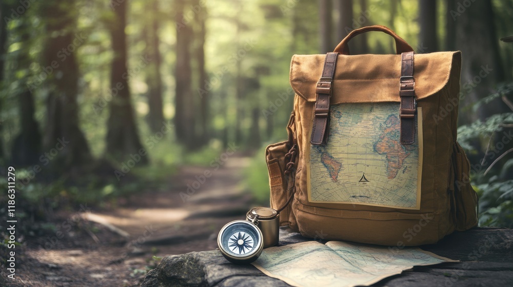 Hiking gear resting on a forest path with a compass, map, and backpack ...
