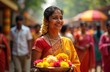 © miss irine - Indian woman wearing traditional sari smiles happily holding bowl of flowers in festival atmosphere. In busy crowd of people celebrating traditional Indian festival. Photo shows vibrant cultural