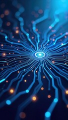 Poster - Abstract tech design. Vibrant blue background. Glowing lines and lights. Dynamic pattern. Modern tech theme. Creative illustration. Digital art. Innovative design. Energetic and clear.
