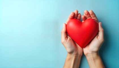 Caregiver holds red heart symbol on light blue background. Hands gently hold heart shape. Photo suitable for health care projects, charity themes, Valentine Day concept. Heart health well-being