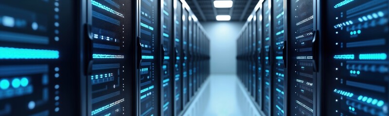 Aufkleber - Rows of dark server racks fill data center. Bright blue lights highlight tech equipment, data flow. Modern tech infrastructure. Powerful computing. Secure data management. Efficient energy use.