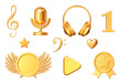 © Игорь Жуков - 3D Musical set of golden icons from of treble clef, microphone, headphones, number 1, bass clef, stars, hearts, medals, play buttons. Stock vector illustration on isolated background.