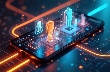 Poster - Futuristic mobile phone displays online shopping experience. Digital payment tech from smartphone. Virtual shopping cart with apparel items. Interactive interface. Generative AI powers e-commerce