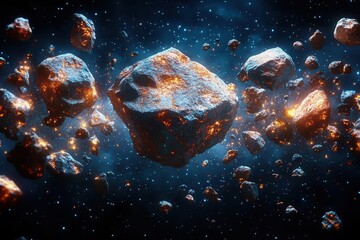 Wall Mural - detailed collection of realistic space rocks and celestial bodies floating in dark universe with dynamic lighting and textures for scientific illustration