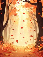 Poster - Bright autumn forest featuring falling leaves and golden sunlight illuminating the path. Generative AI