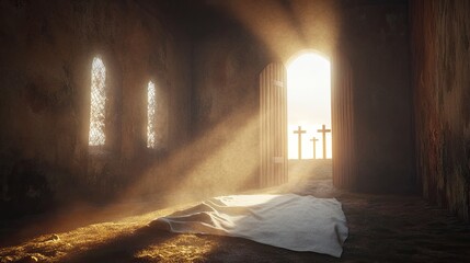 Sticker - Empty Tomb With Linen Cloth At Sunrise With Sunlight Shining Through The Open Door And Three Crosses In The Distance - Crucifixion And Resurrection Concept 