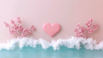 Canvas Print - Pink heart and flowers by the sea. A romantic, serene scene.