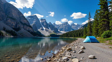 Wall Mural - camping with a tent in the mountains on a lake with a view of beautiful mountains.