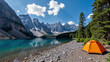© Bondariev Volodymyr. - Camping with a tent in the mountains on a lake with a view of beautiful mountains.