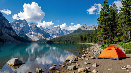 Wall Mural - camping with a tent in the mountains on a lake with a view of beautiful mountains.