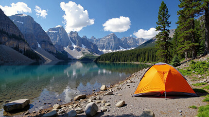 Wall Mural - camping with a tent in the mountains on a lake with a view of beautiful mountains.