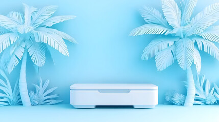 Fototapete - A serene blue backdrop features white palm trees and a minimalist drawer, creating a tranquil and modern aesthetic