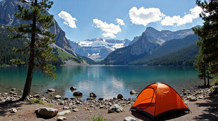 Wall Mural - camping with a tent in the mountains on a lake with a view of beautiful mountains.