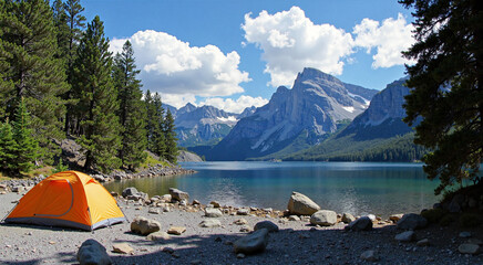 Wall Mural - camping with a tent in the mountains on a lake with a view of beautiful mountains.