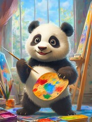 Poster - Cute panda joyfully creating art with a paintbrush and palette in a colorful studio space filled with creativity. Generative AI