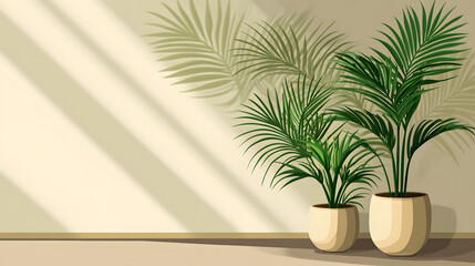 Fototapete - A minimalist interior featuring two potted plants casting shadows on a beige wall, creating a serene atmosphere