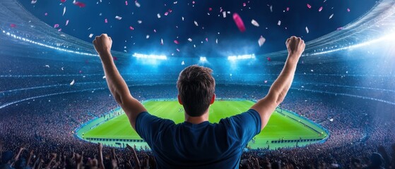 Wall Mural - Excited Fan Celebrating Victory in a Packed Stadium Surrounded by Confetti and Bright Stadium Lights