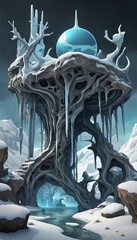 Wall Mural - Abstract snow-covered bridge with fountain in a winter park and blue icy textures