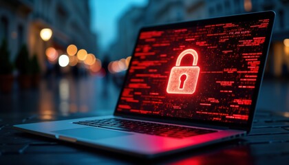 Leinwandbilder - Laptop screen shows red security lock icon over digital code. Cyber attack alert. System breach. Virtual display. Security incident. Data security risk. Business tech problem. Internet hacking.