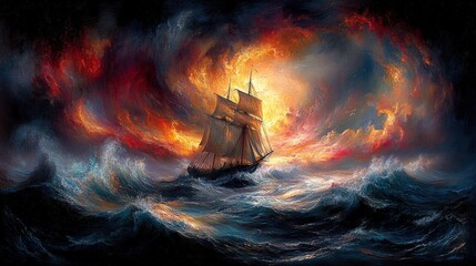 Canvas Print - Fiery sunset, sailing ship, stormy ocean.