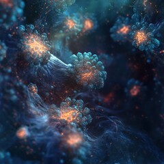 Fototapete - Cancer cells illuminated with glowing edges in a vibrant microscopic environment. Generative AI