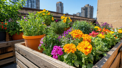 Wall Mural - Rooftop, A vibrant rooftop garden filled with colorful flowers, showcasing a lush and inviting urban space perfect for relaxation and aesthetic appeal.