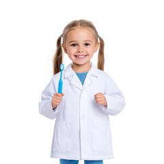 smiling girl in lab coat holding toothbrush | dentist role play, children's healthcare concept
