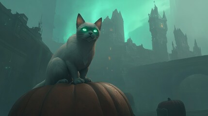 Sticker - White cat sitting on pumpkin, spooky gothic architecture in background.