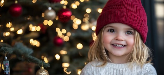 Wall Mural - Smiling child in red hat against Christmas tree with lights and ornaments, capturing festive spirit and joy, copy space for text