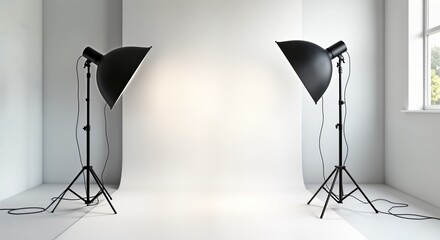 Poster - Studio setup with two light stands. Empty studio space. Minimalist design. Ideal for product photography. Professional photo shoot. Blank white background. Lighting equipment. Commercial photo.