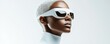 © Viacheslav - Futuristic fashion with a white outfit and unique eyewear, featuring a model with white hair against a minimalist light background Bold and avant garde style for creative projects