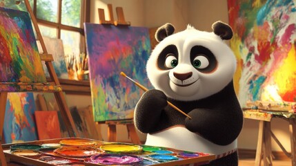 Poster - Panda joyfully painting with vibrant colors in a cozy art studio filled with beautiful canvases. Generative AI