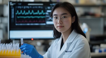 Young scientist working in a lab with test tubes and data analysis