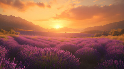 Wall Mural - Peaceful lavender fields stretching to the horizon under a golden sunset, with soft rolling hills in the background