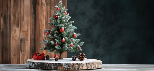 Wall Mural - Miniature Christmas tree adorned with ornaments, surrounded by pinecones and festive decorations on wooden base, copy space for text