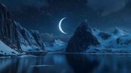 Wall Mural - The shimmering light of a crescent moon reflecting off icy fjords surrounded by jagged snow-covered peaks