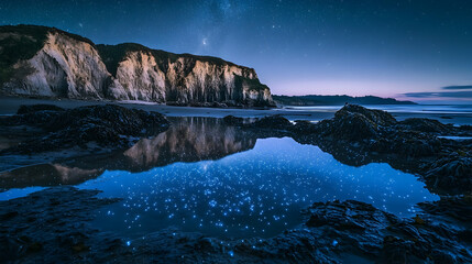 Wall Mural - The soft glow of bioluminescent algae lighting up a shallow tide pool surrounded by rocky cliffs under a starry night sky
