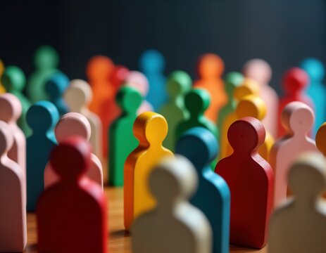 Colorful figurines representing diverse population. Colorful figures stand together demographic study. Analysis of cultural integration, demographic change presented in close-up image. Sociological