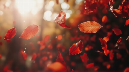 Poster - Colorful autumn leaves gracefully falling in a serene forest during a tranquil afternoon. Generative AI